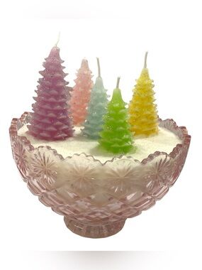 Rachel Zoe Multicolor Christmas Tree Candle Set in a Pink Glass Candle Bowl